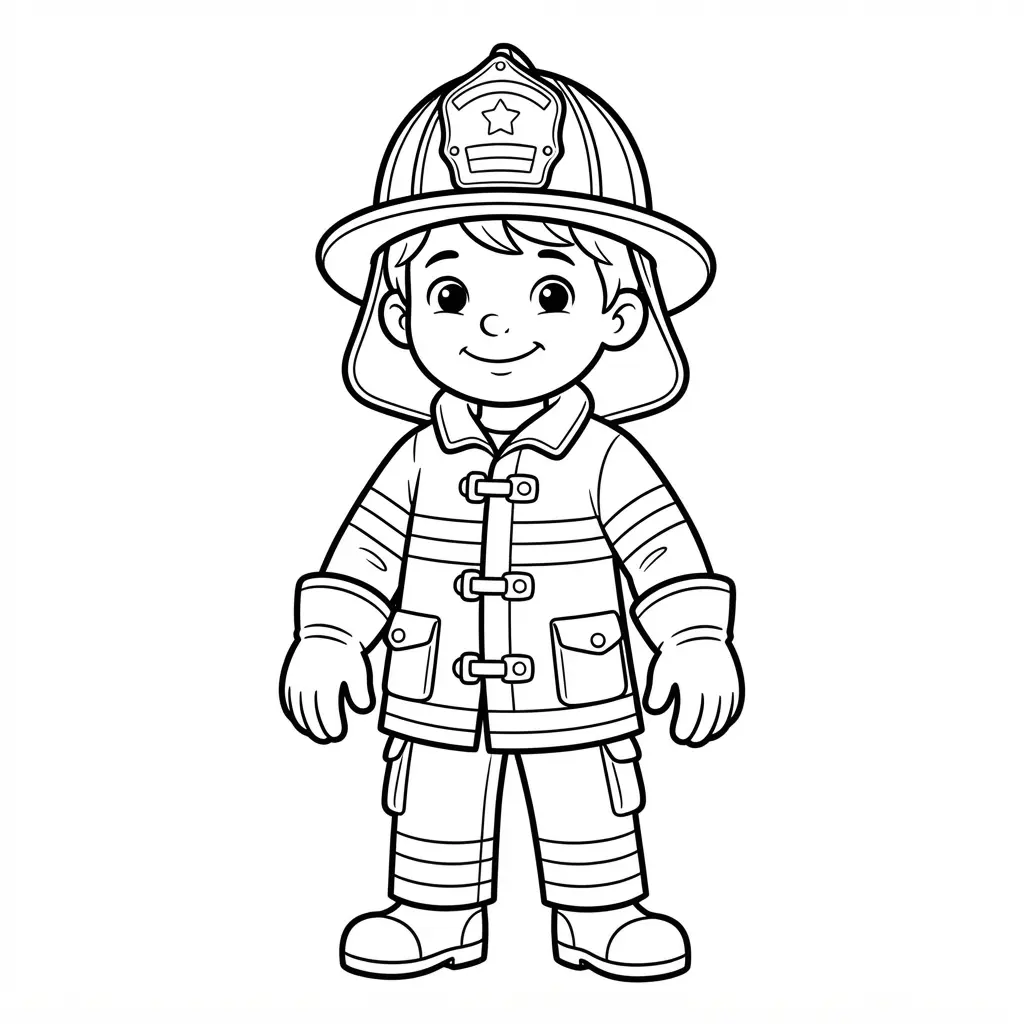 Fire truck coloring pages show a child in a helmet, jacket, boots, and safety gear with friendly clear line art.