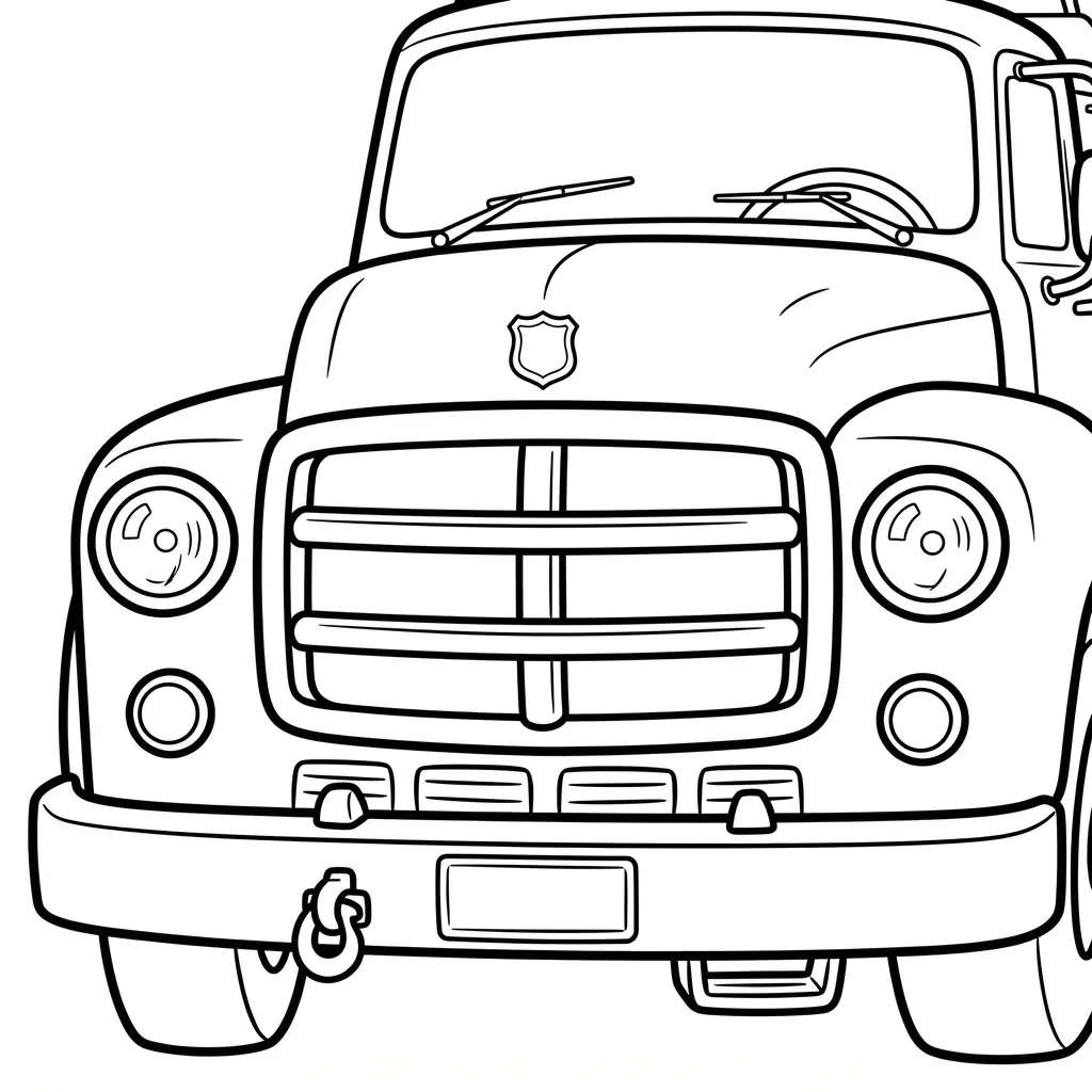 A close view of a fire truck grille shows bars, headlights, bumper details, and thick printable coloring outlines.