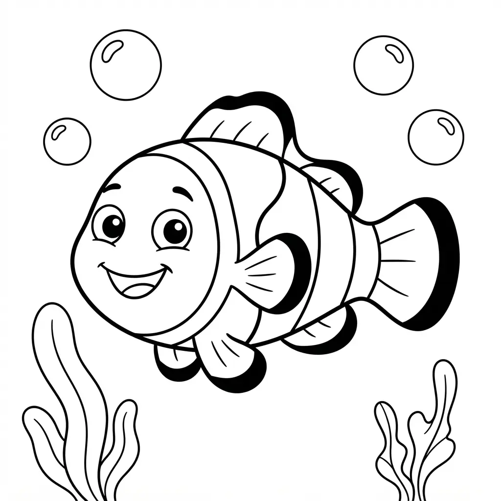 A cheerful clownfish with bubbles and seaweed in bold black line art for fish coloring pages.