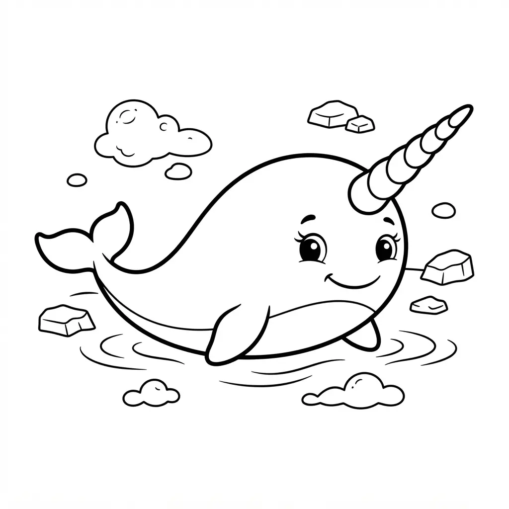 A cute narwhal swims through icy water with floating snow shapes in simple fish coloring pages.