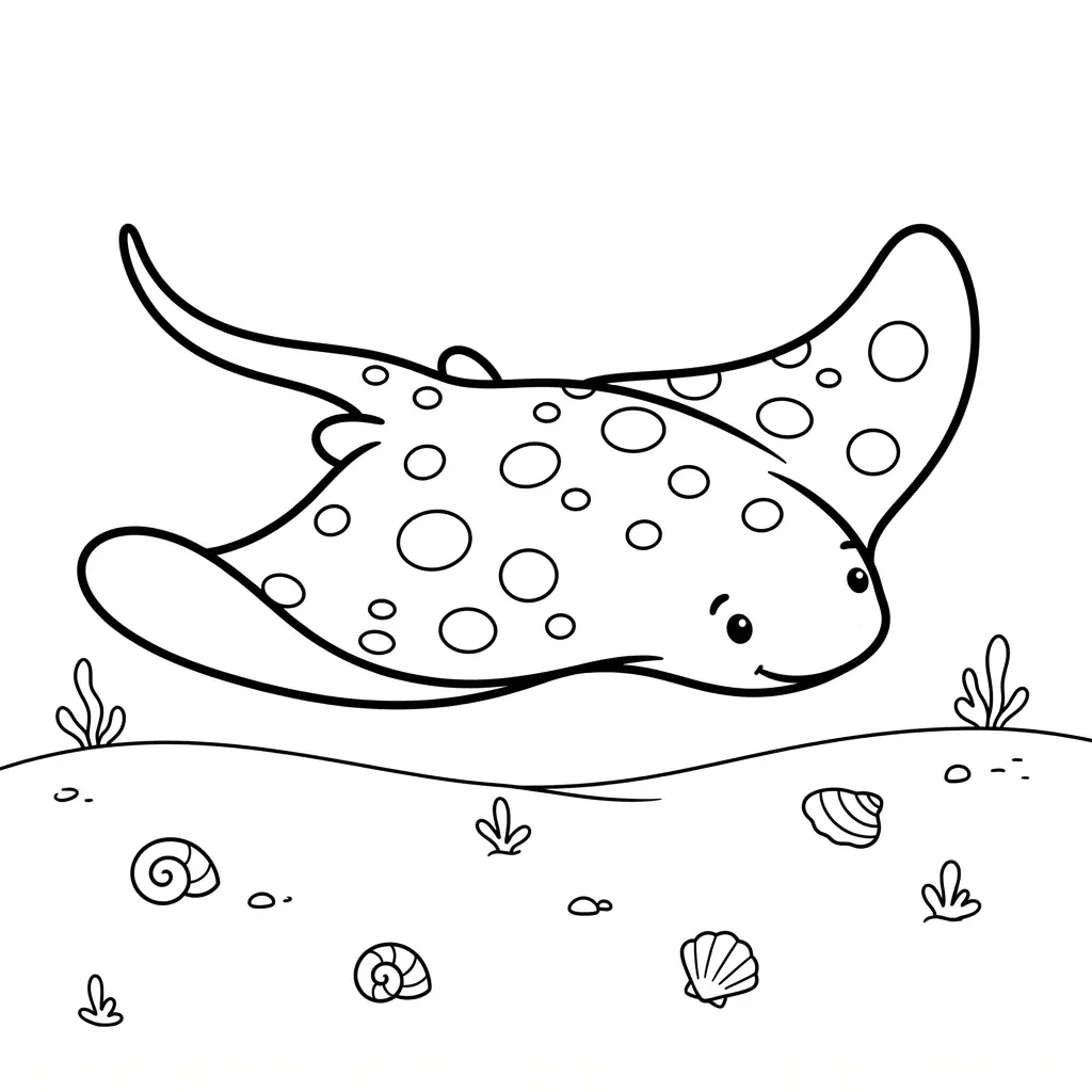 A spotted ray moves over smooth sand with shells and small plants in clean black line art.