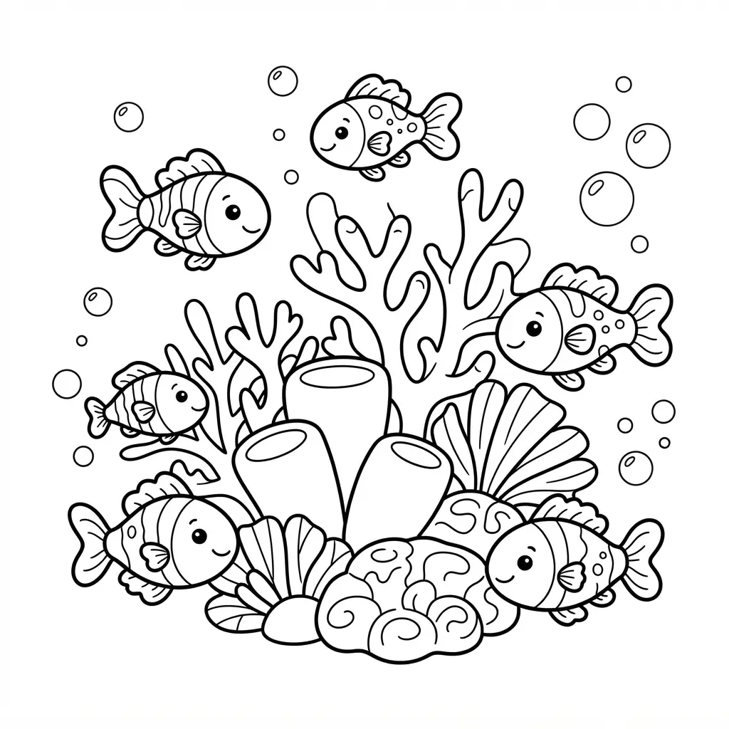 Several tiny guppies swim around a coral cluster and bubbles in a friendly black and white scene.