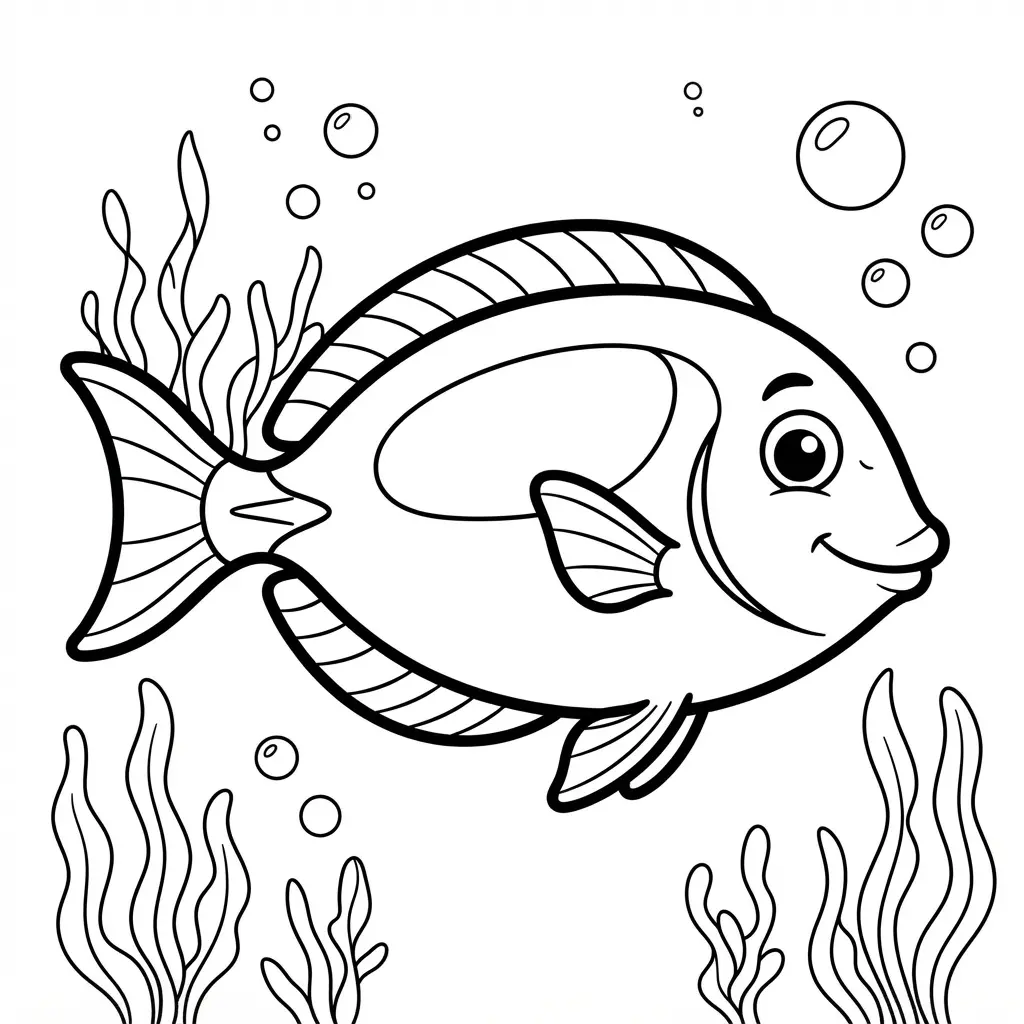 A surgeonfish swims through open ocean water with distant plants and bubbles in detailed line art.