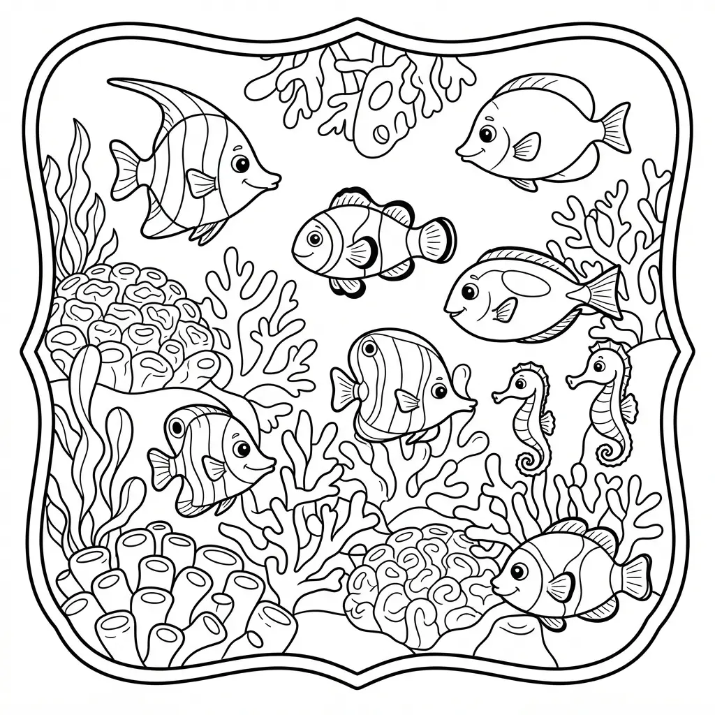 Several tropical fish and coral shapes sit inside a bold decorative border in printable fish coloring pages.