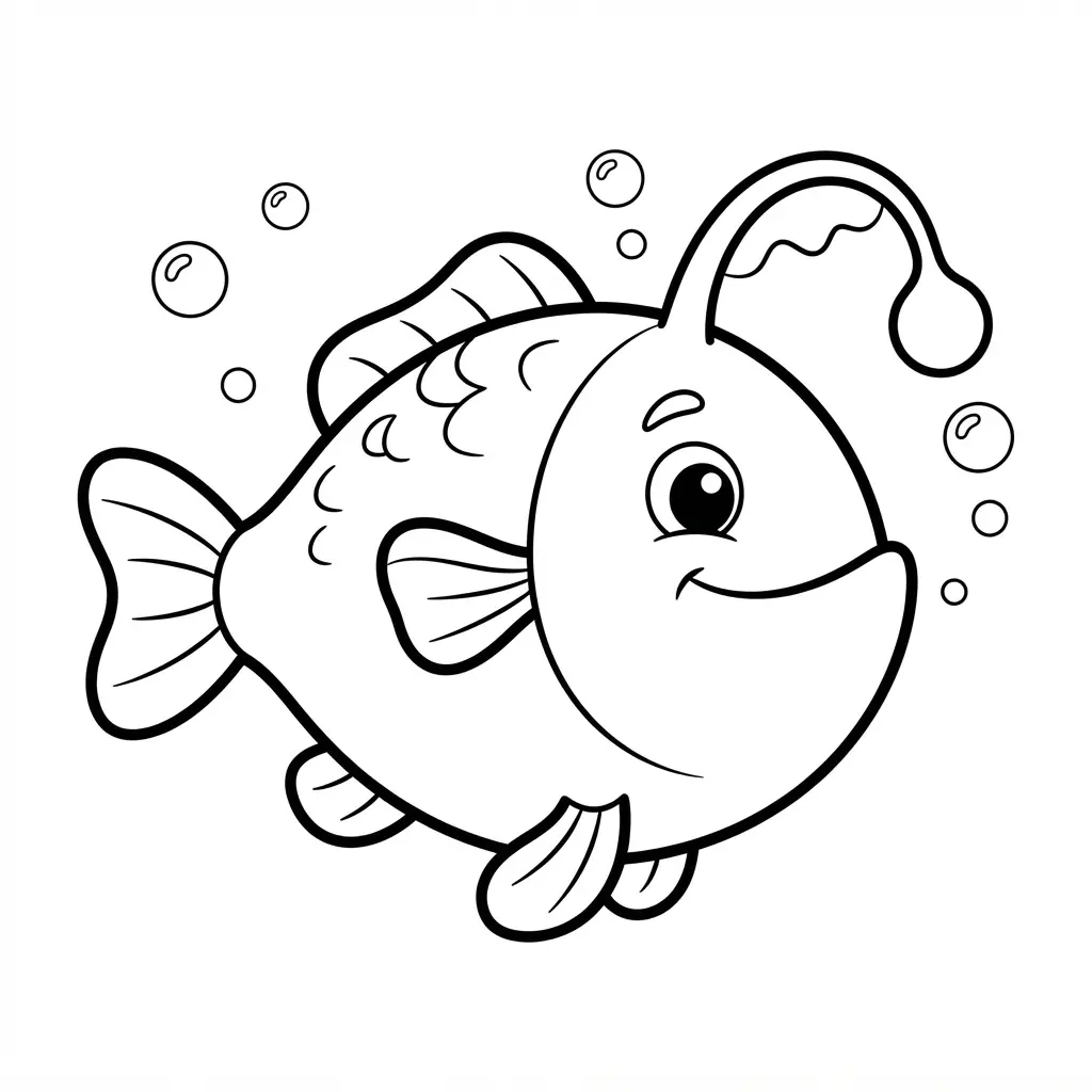 A lantern fish with a glowing lure swims through dark water marked by bubbles in simple line art.