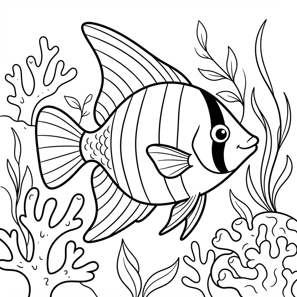 A tropical angelfish swims beside coral and sea plants in a detailed black and white line drawing.