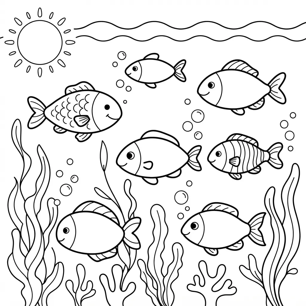 Fish swim beneath a calm sunlit surface with gentle waves, bubbles, and sea plants in clear line art.
