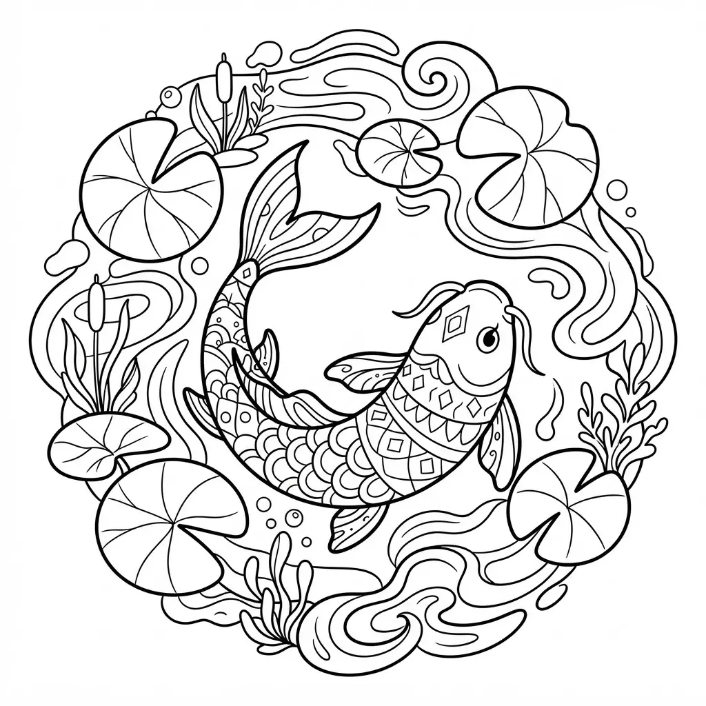 A patterned koi fish circles lily pads and ripples in a geometric black and white coloring design.