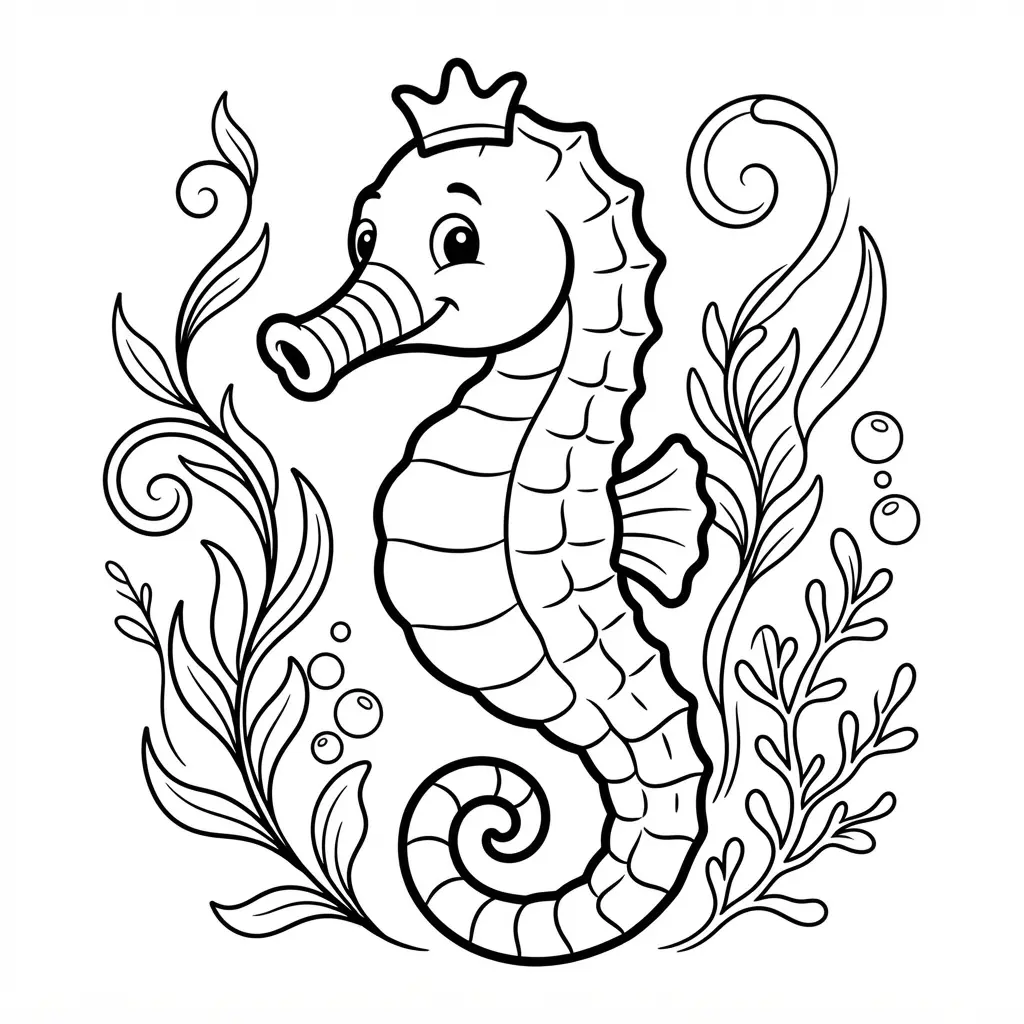 A realistic seahorse stands among curling aquatic plants in balanced black and white line art.
