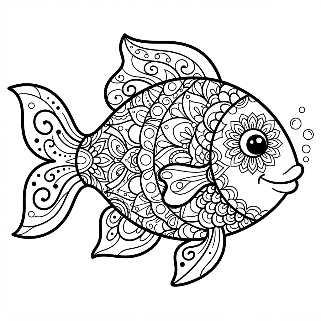 A fish silhouette filled with repeating mandala shapes appears in dense black and white line art.