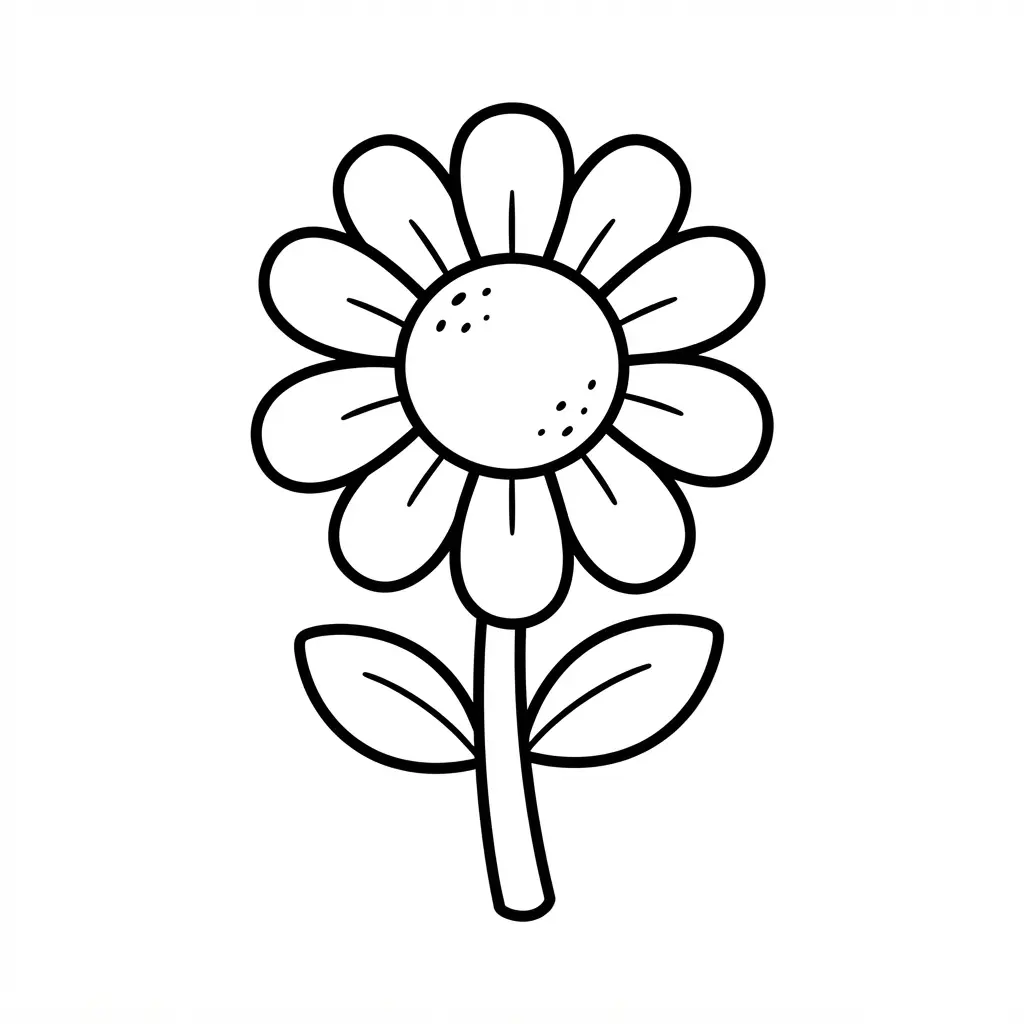 Bold black-and-white daisy outline with large petals and open spaces for flower coloring pages.