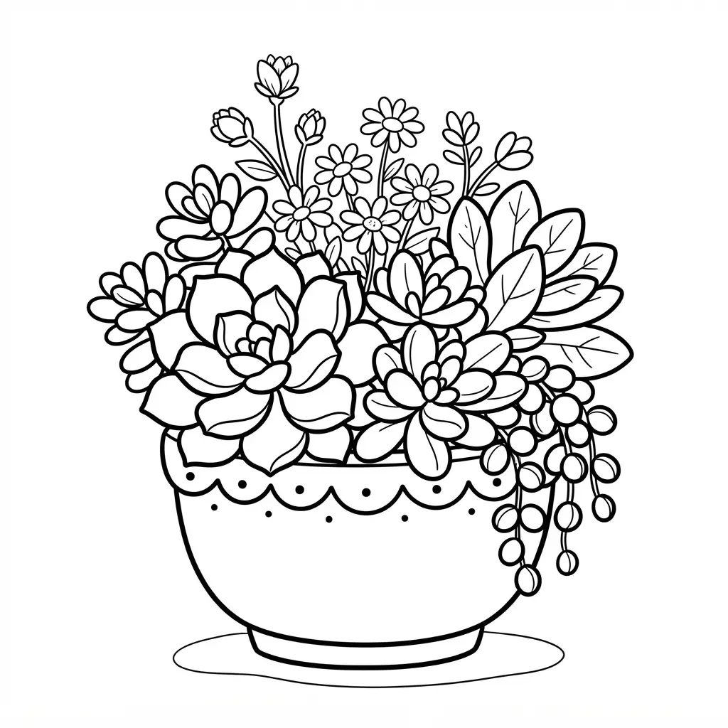 Potted succulent and flower arrangement showing several leaves, small blooms, a pot, and clear shapes.