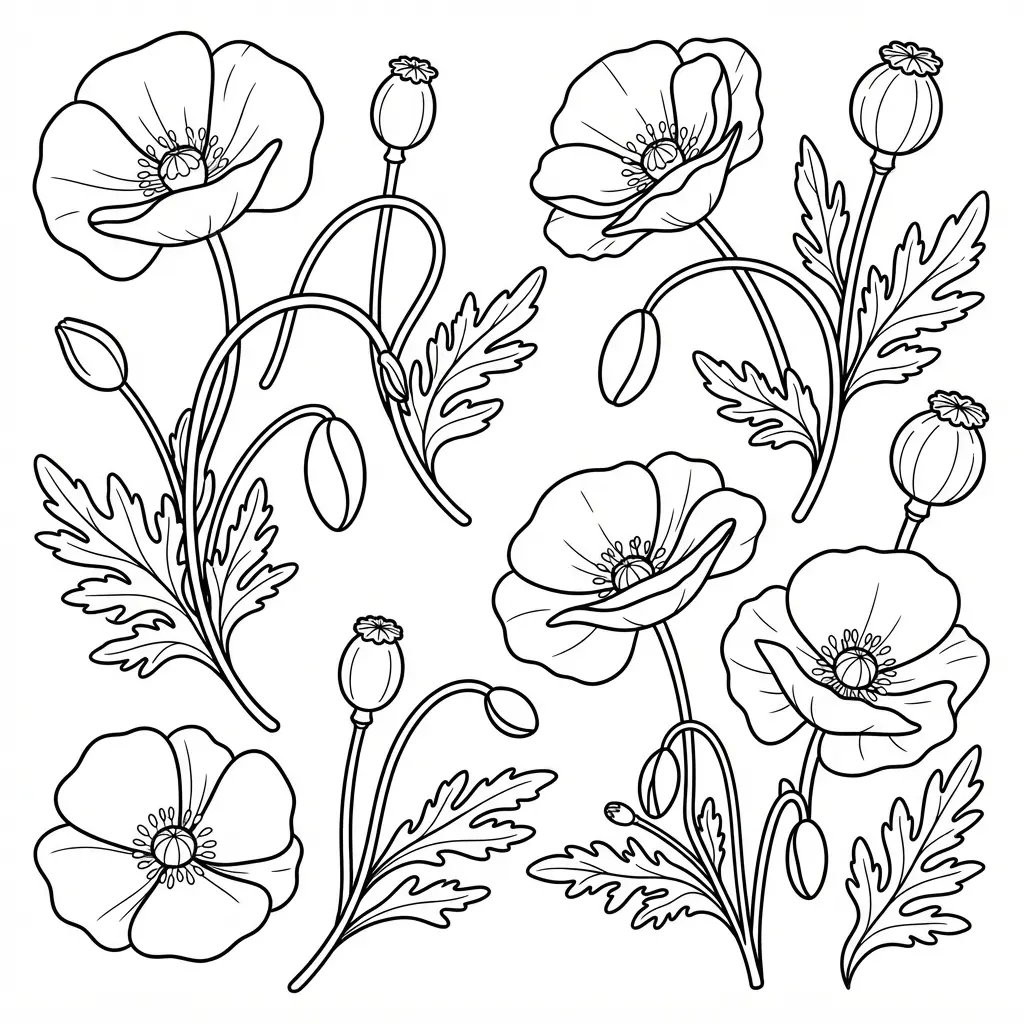 Vintage botanical poppy study sheet with open blossoms, stems, leaves, seed pods, and flower coloring pages line work.