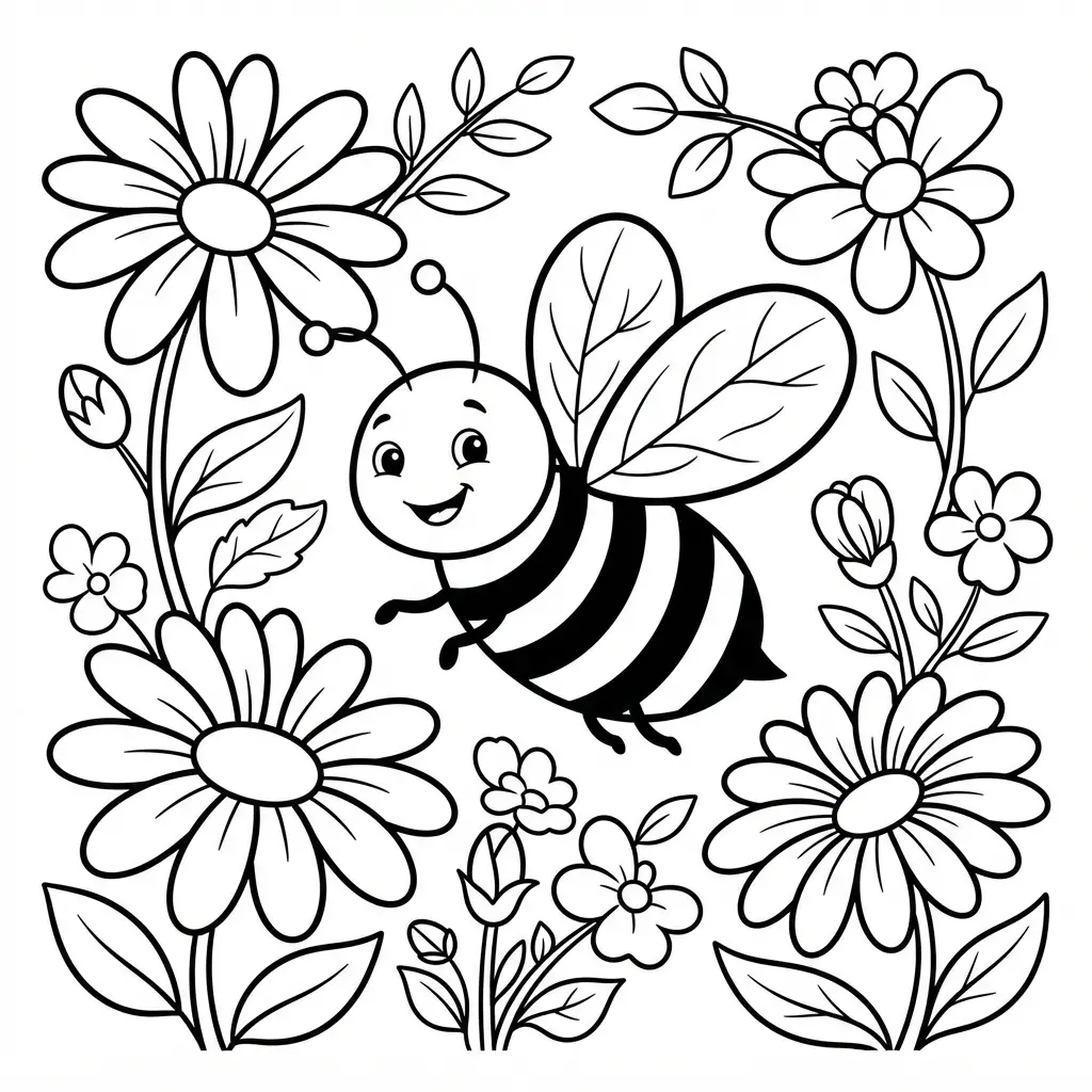 Cute bee with striped body flying among daisies, leaves, and small garden flowers.