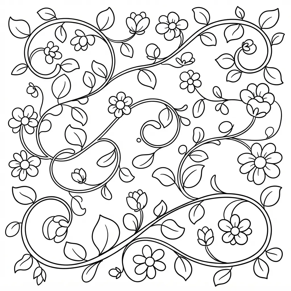 Abstract floral vine swirl with curling stems, rounded leaves, and scattered blossoms in flowing line art.