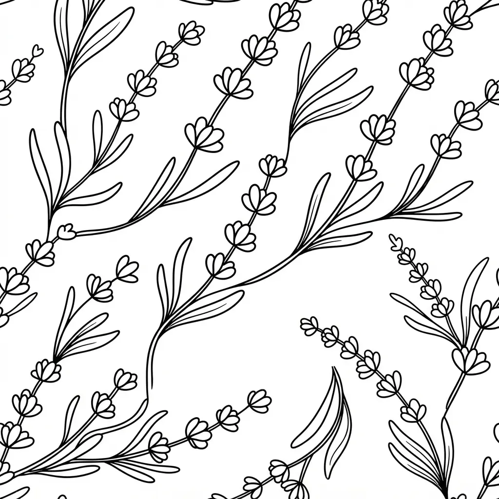 Lavender sprig pattern showing repeated stems, narrow leaves, small buds, and calm open spacing.