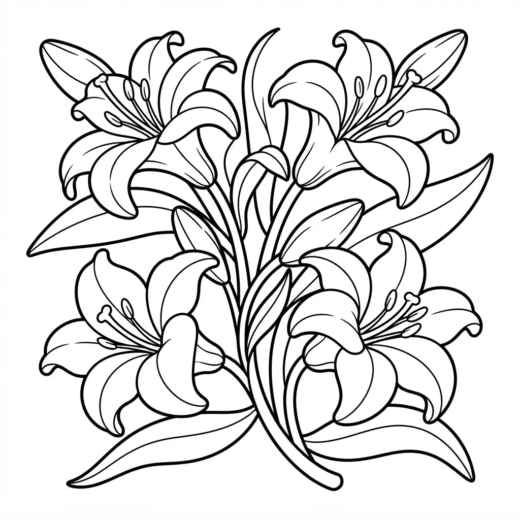 Realistic lily flower cluster with trumpet-shaped blooms, layered petals, long leaves, and curved stems.