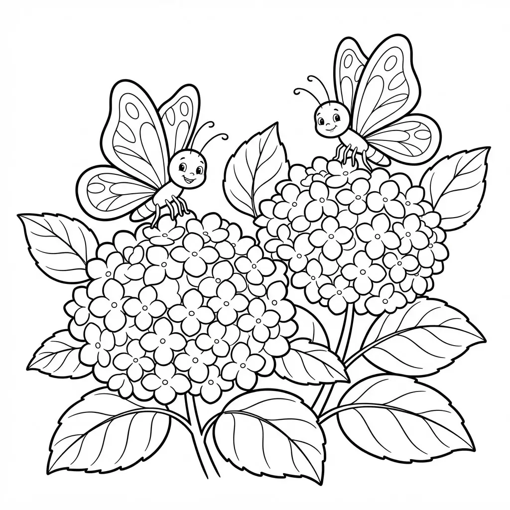 Two butterflies resting on a hydrangea cluster with rounded flower heads, broad leaves, and soft shapes.
