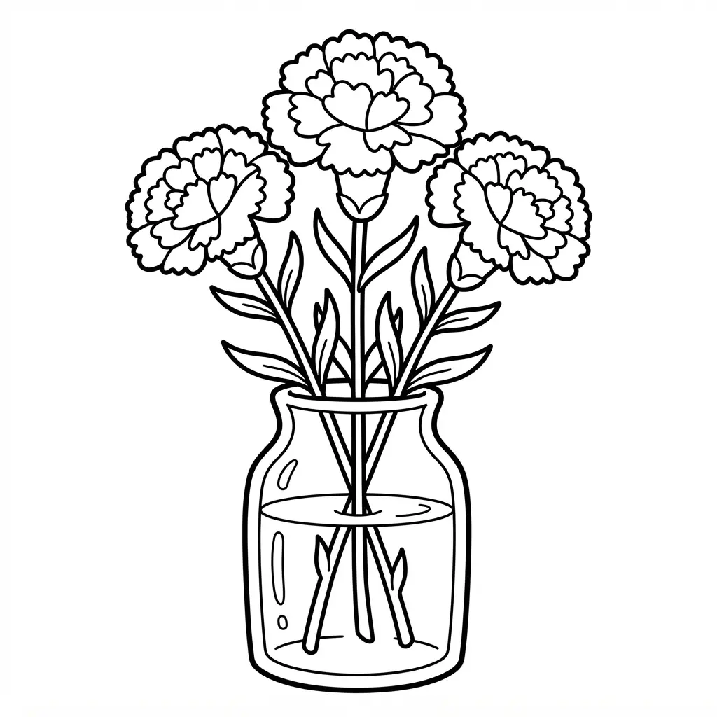 Carnation stems arranged in a glass vase with frilled blooms, water lines, and simple reflections.