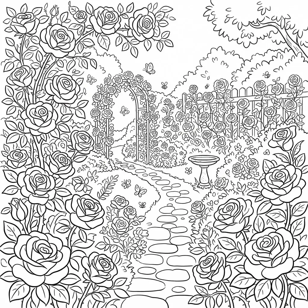 Detailed rose garden scene with layered blooms, leaves, garden paths, and open shading areas.