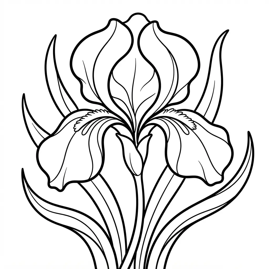 Zen style iris close-up with broad curved petals, slender leaves, and quiet open spaces.