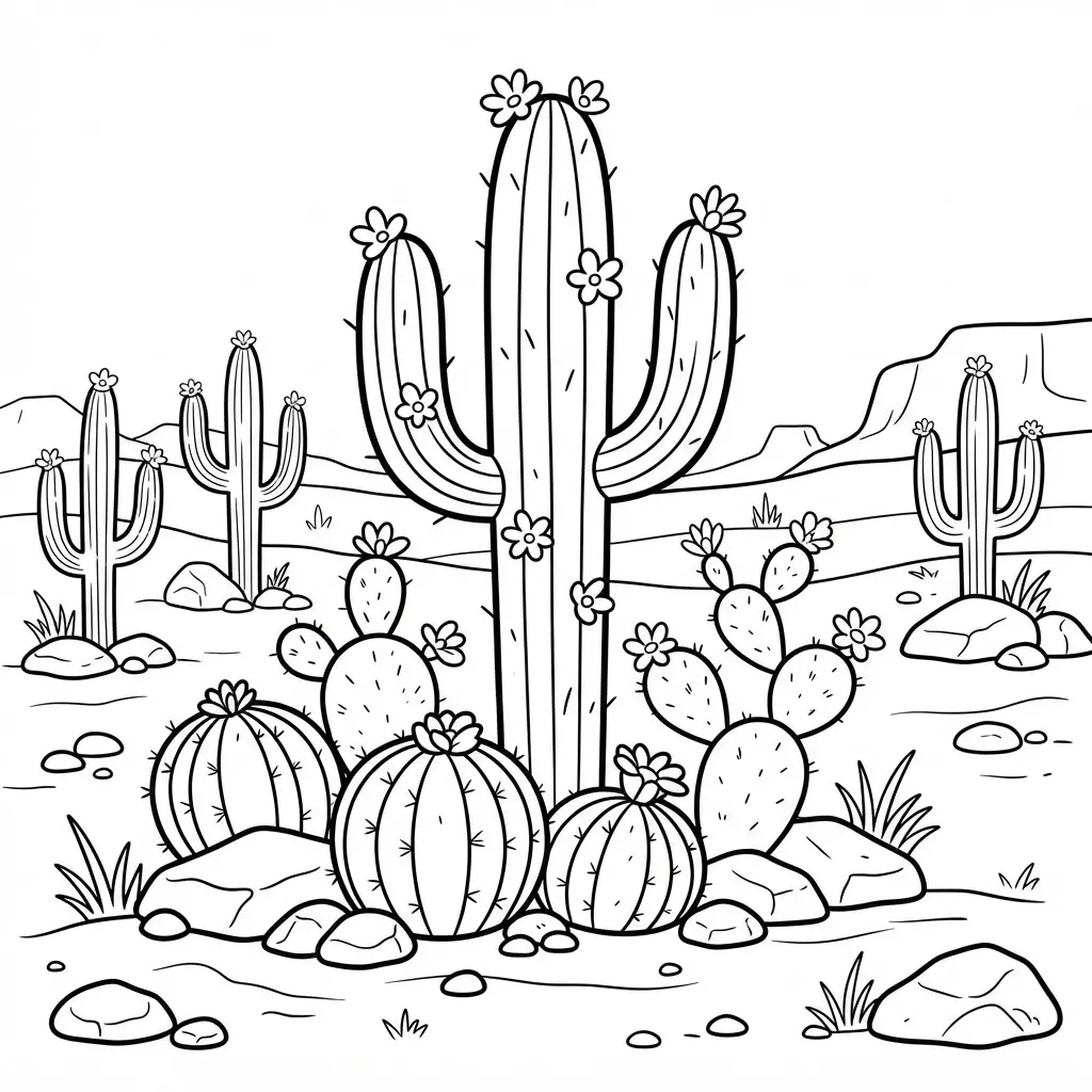 Flowering cactus desert scene with tall cacti, small blooms, desert rocks, and distant mountains.