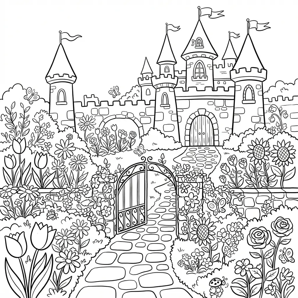 Fairy tale castle garden with flower beds, a stone path, pointed towers, and whimsical details.