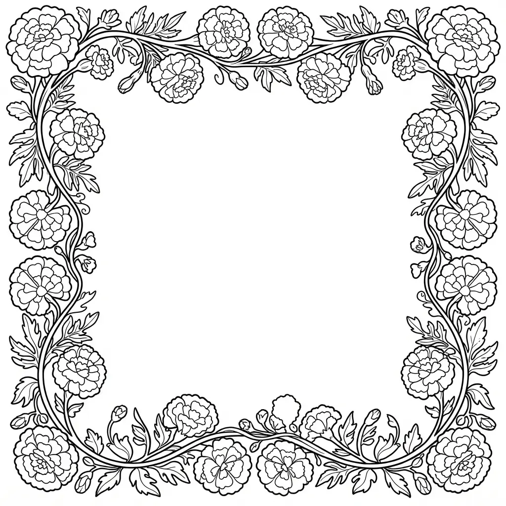 Marigold garland border with round blooms, leafy stems, repeating clusters, and bold decorative outlines.