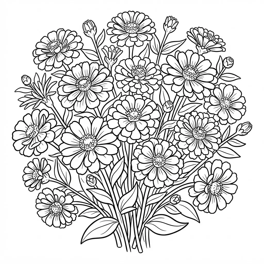 Realistic zinnia bouquet showing layered blooms, full petals, leafy stems, and a rounded arrangement.