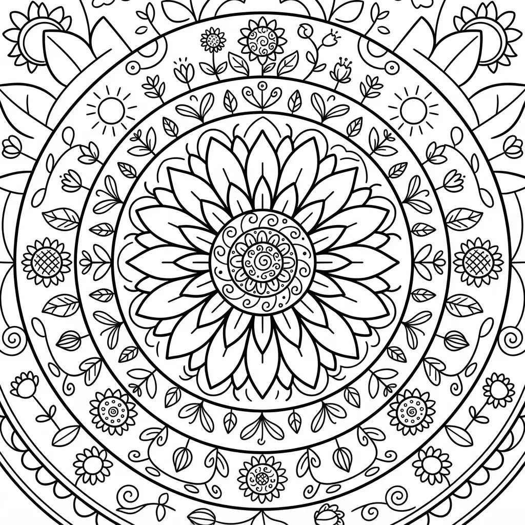 Whimsical sunflower field mandala with repeated petals, circular sections, and clean flower coloring pages lines.