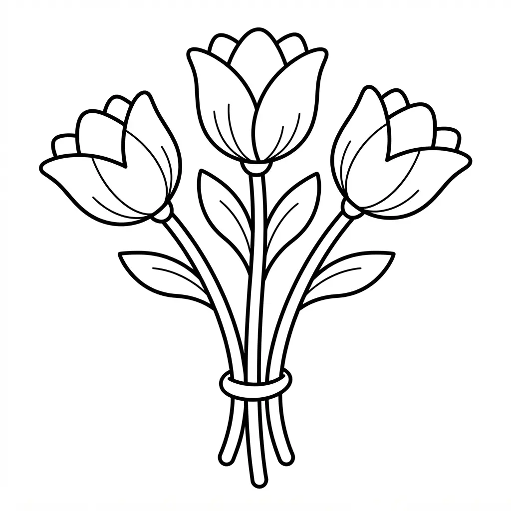 Minimalist tulip bouquet with three stems, smooth leaves, and wide open shapes for easy coloring.