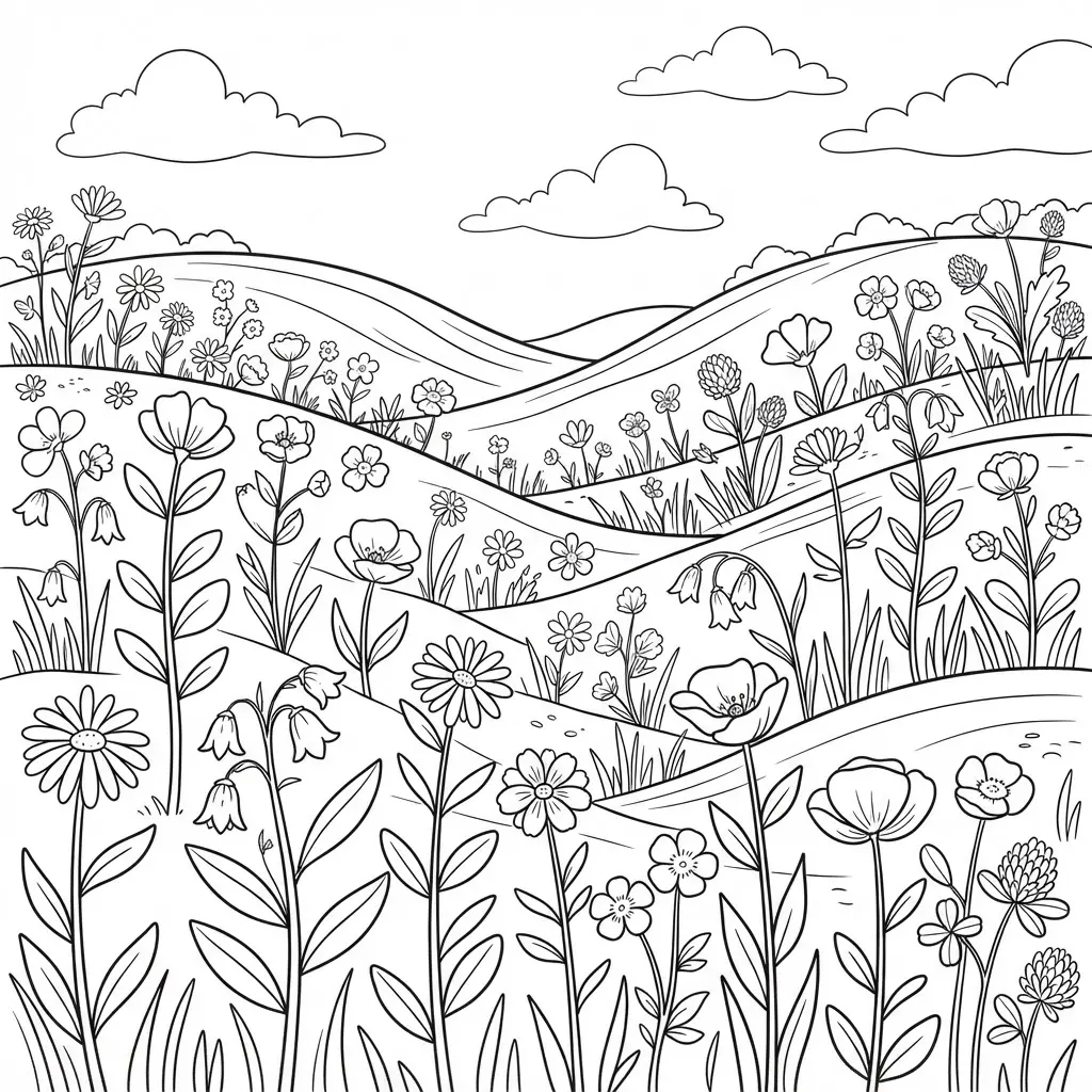 Wildflower meadow landscape with tall stems, scattered blooms, rolling hills, and gentle line details.