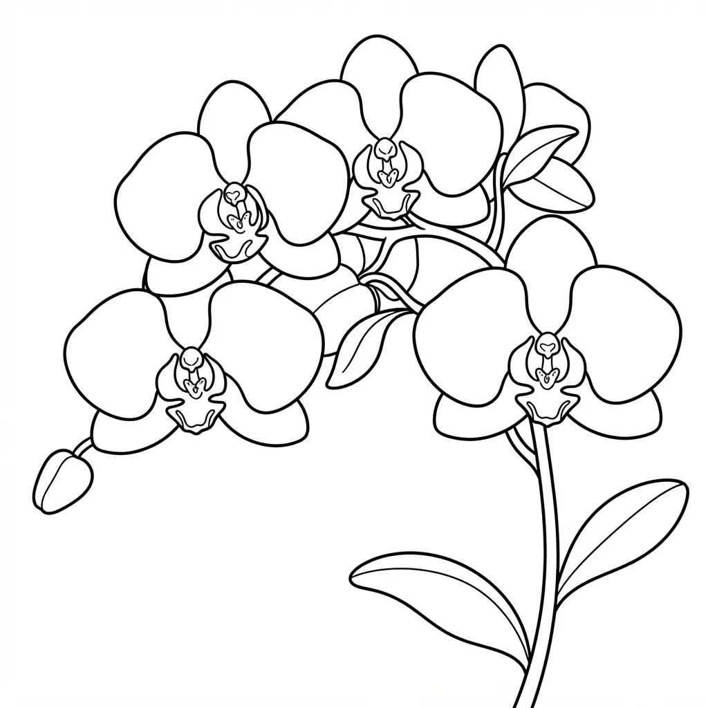 Elegant orchid branch close-up with open blossoms, slender stems, and fine lines for flower coloring pages.