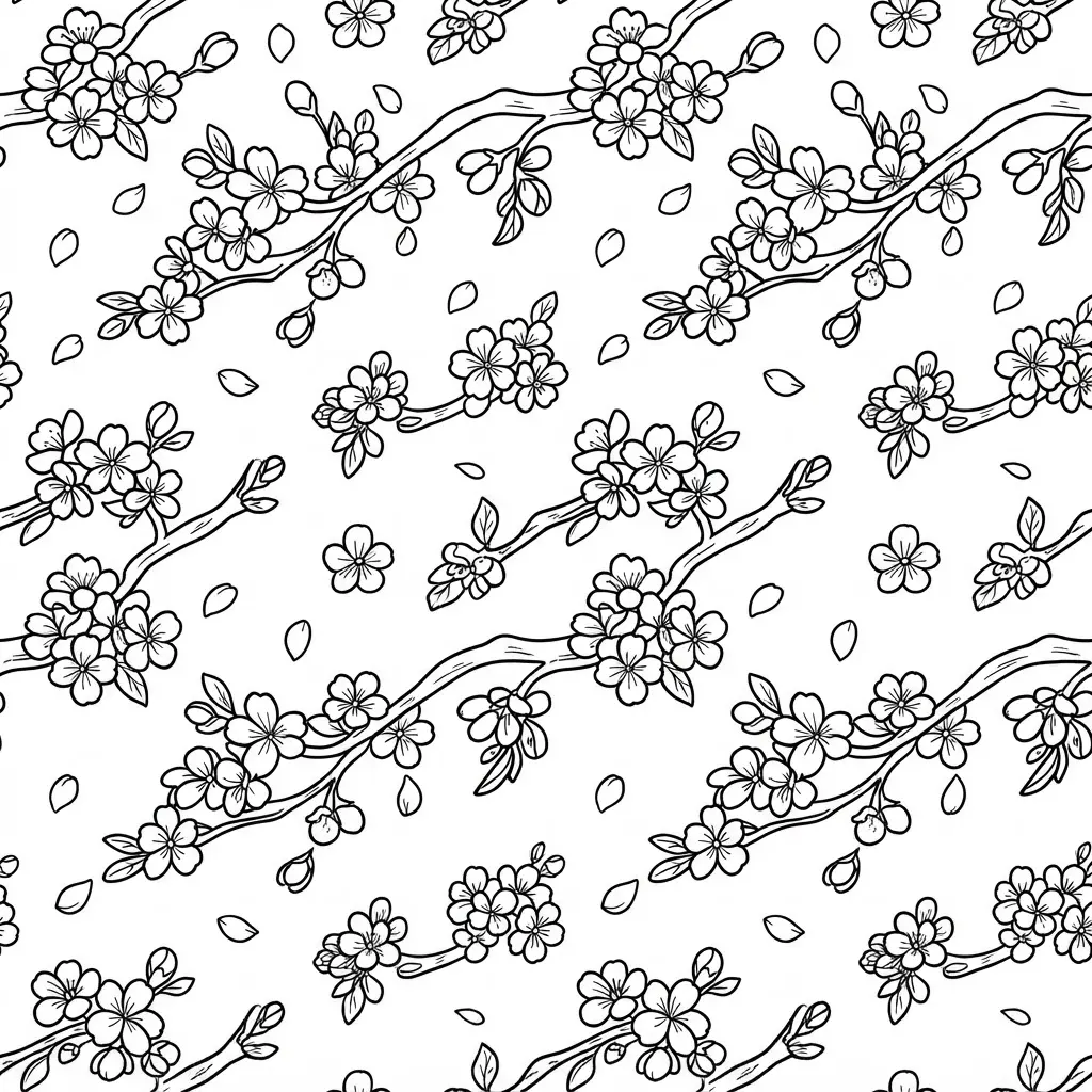Spring cherry blossom pattern sheet showing curved branches, clusters of blooms, and repeating petal shapes.