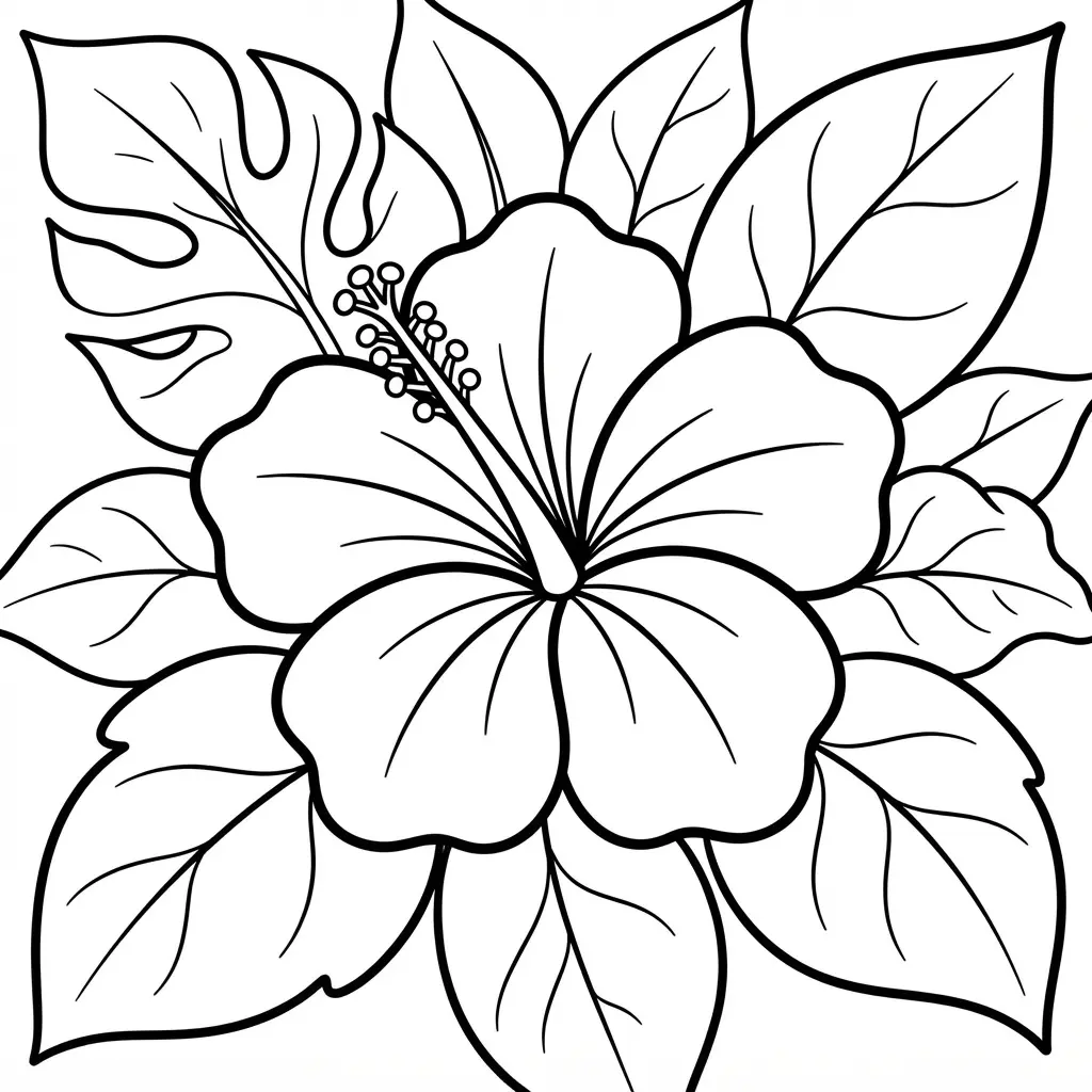 Tropical hibiscus floral motif with broad petals, a central stamen, leaves, and clean flower coloring pages lines.