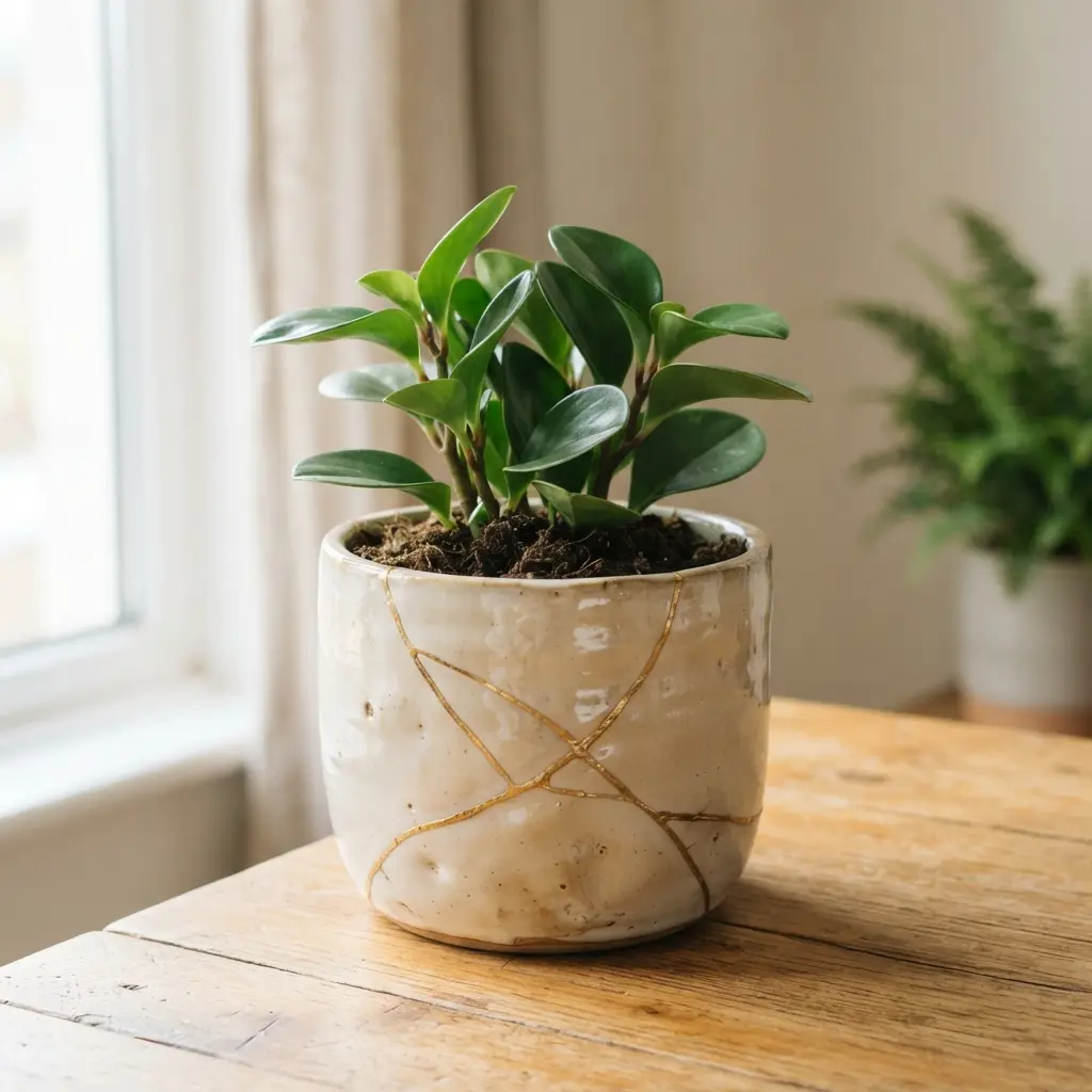 Flower Pot Restoration Ideas showing a ceramic planter repaired with gold leaf kintsugi lines and a glossy finish.