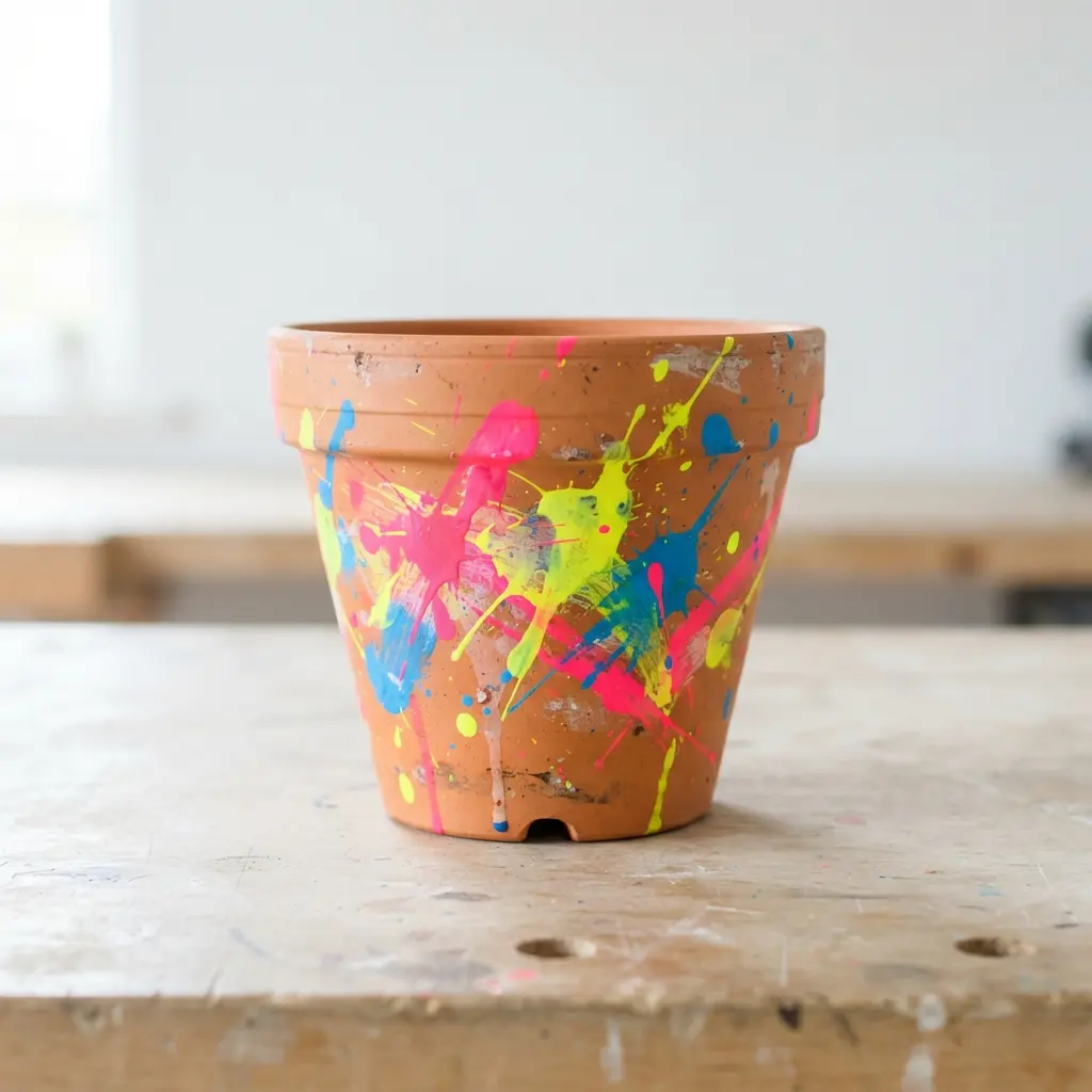 Terracotta pot covered in neon pink, yellow, and blue abstract paint splashes on a bright workbench.