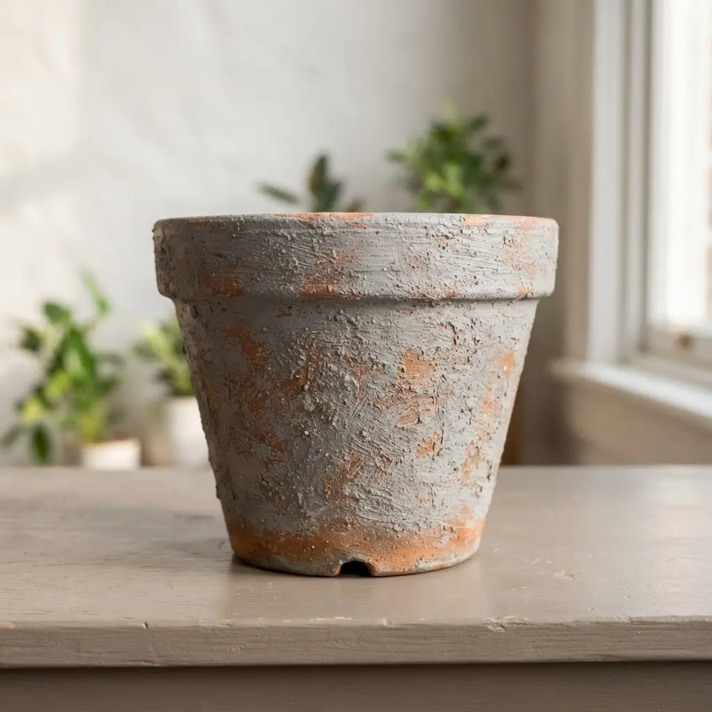 Weathered planter with a faux stone finish, raised gray texture, warm terracotta undertones, and visible brush detail.