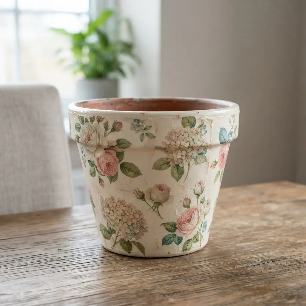 Vintage planter decorated with soft floral decoupage, cream paint, sealed paper edges, and small garden flowers.