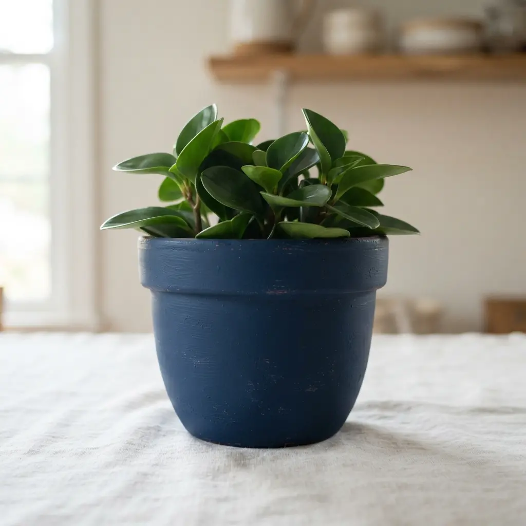 Flower Pot Restoration Ideas featuring a navy blue pot with smooth chalk paint, a matte surface, and green foliage.