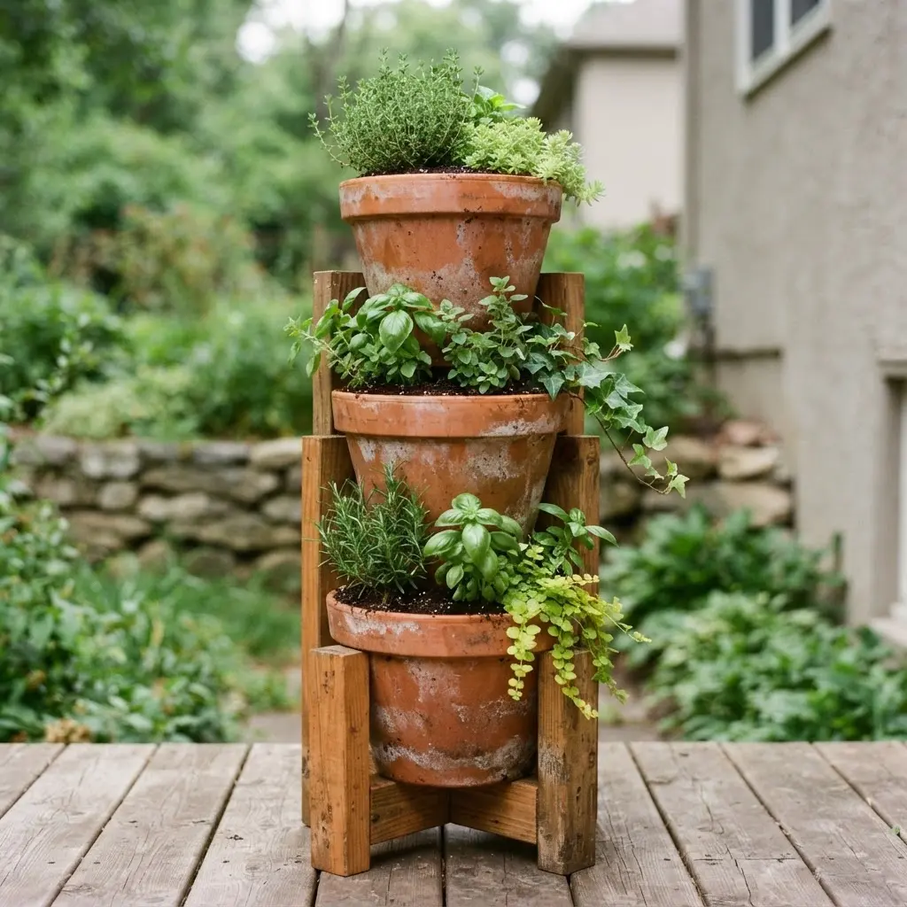 Three nested terracotta pots forming a vertical herb tower with basil, thyme, drainage gaps, and a wooden support.