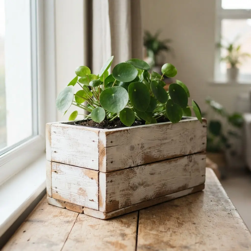 Rough sawn wooden planter with whitewashed boards, visible grain, dark seams, and a leafy green plant.