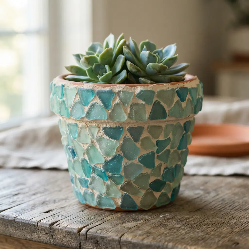 Round garden pot covered with turquoise and pale sea glass mosaic pieces separated by light grout.