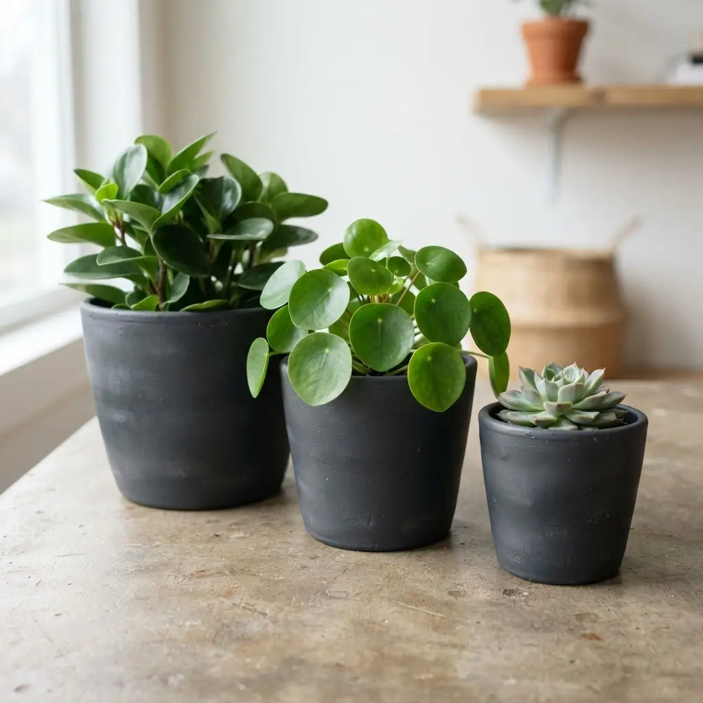 Set of matte charcoal minimalist planters in varied sizes with clean rims and compact green plants.