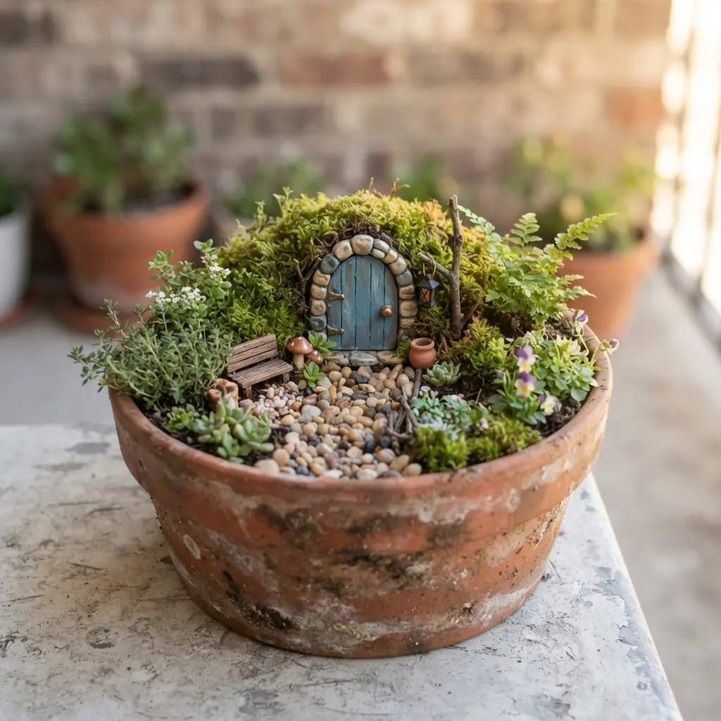 Terracotta pot holding a tiny fairy garden with a miniature door, pebbled path, moss, and small leafy plants.