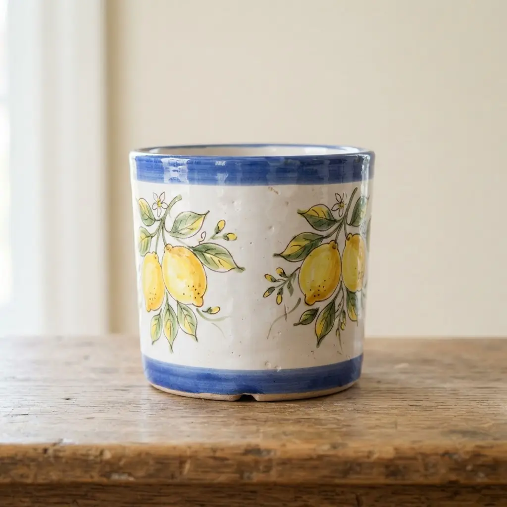 Flower Pot Restoration Ideas featuring a ceramic planter with hand painted yellow lemons, green leaves, and a blue rim.