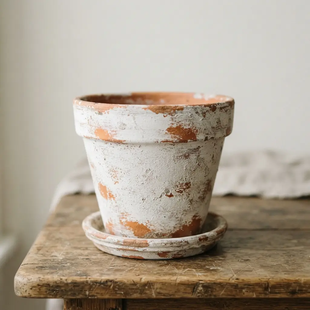 White terracotta pot with chipped edges, brushed distressing, and a farmhouse finish beside garden tools.