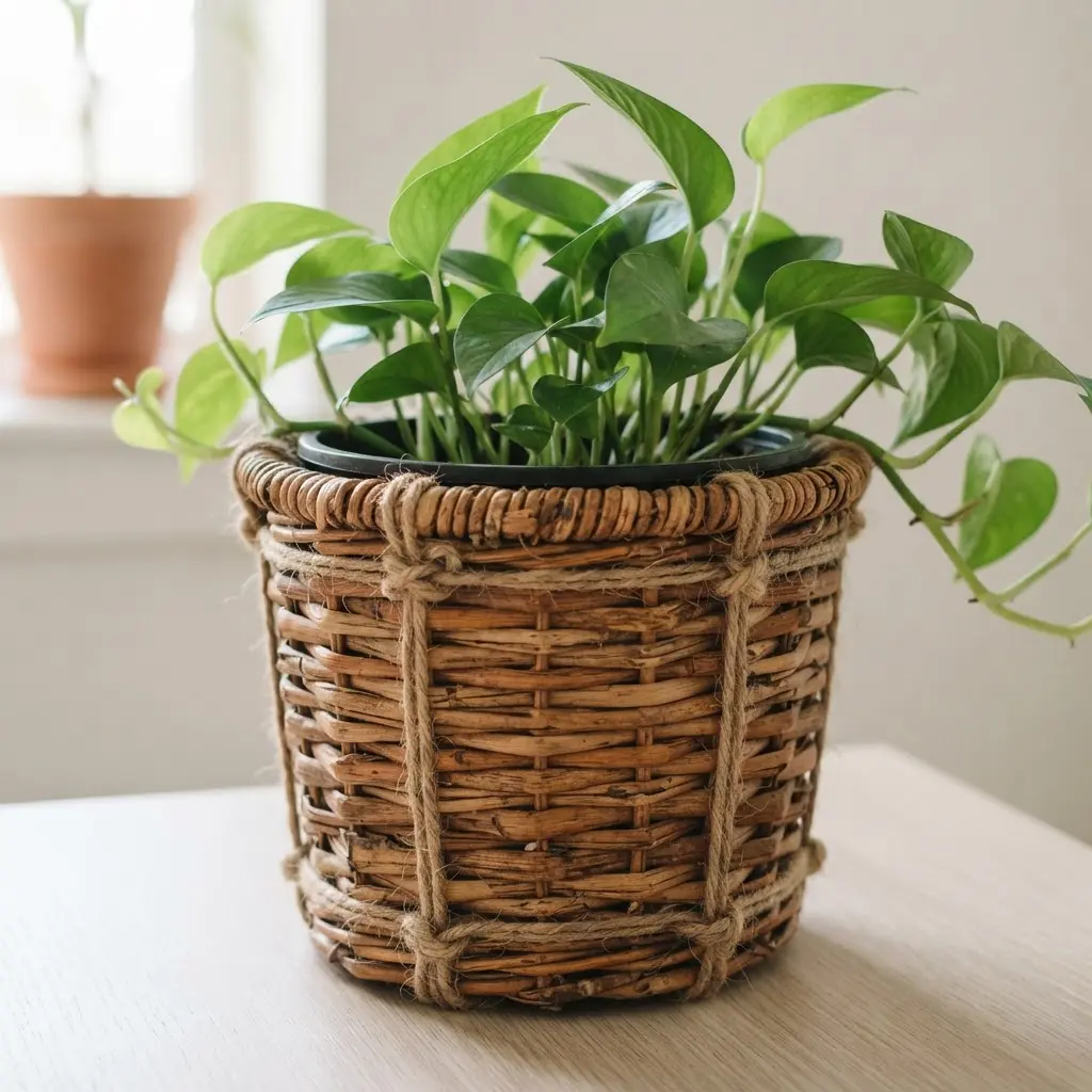 Woven basket planter secured with rustic twine ties, natural fibers, a sturdy rim, and a leafy houseplant.