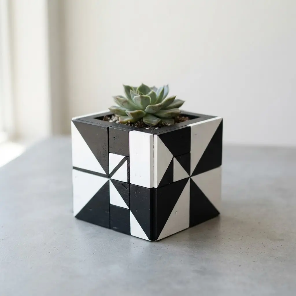 Flower Pot Restoration Ideas featuring a modern planter with crisp black and white geometric blocks and clean edges.
