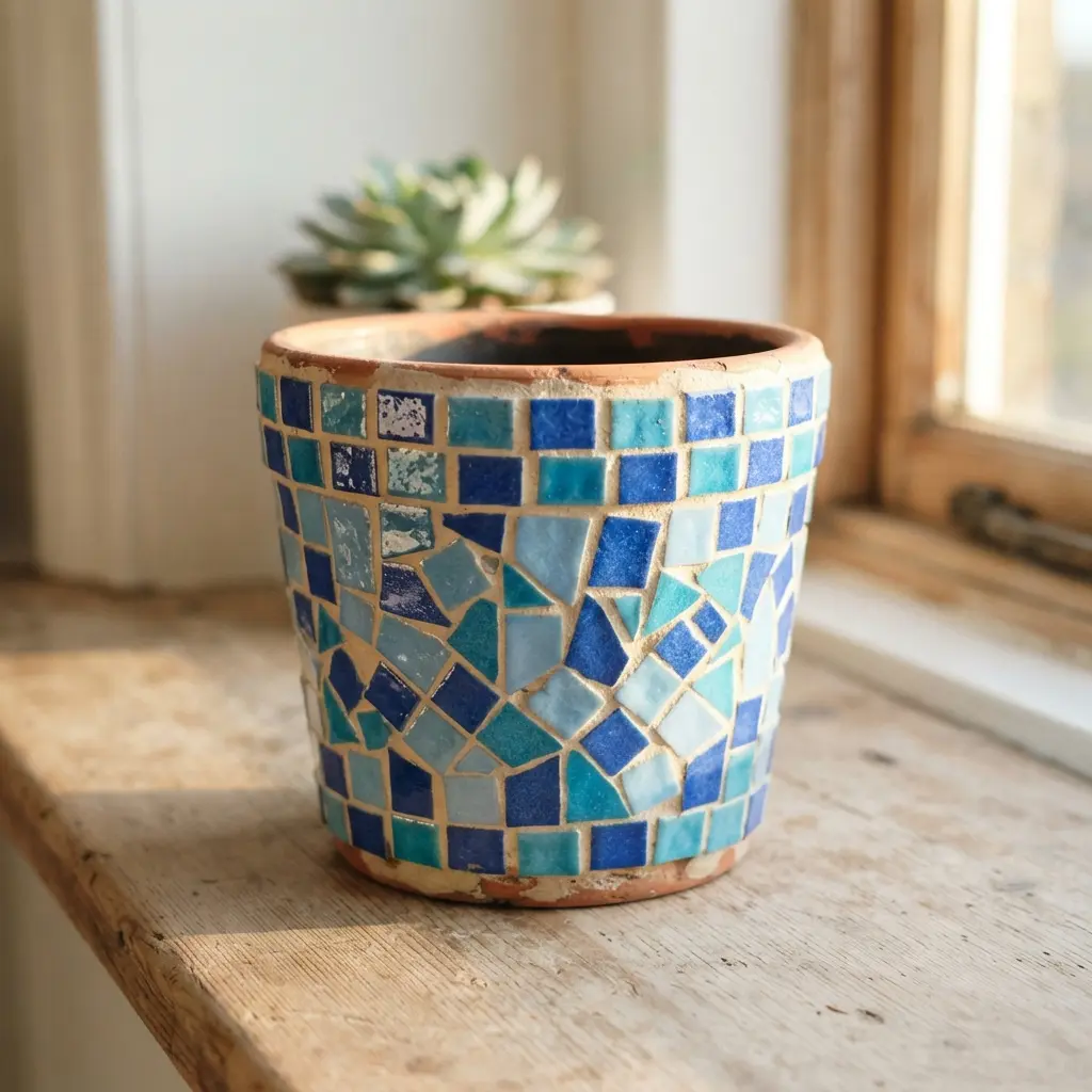 Blue Mediterranean pot covered with small ceramic mosaic tiles, pale grout, and a glossy weatherproof finish.